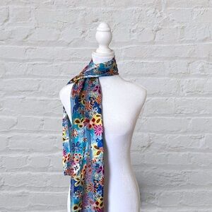 Vintage Silk Feel Floral Pattern Blue Long Rectangle Scarf 13" x 58"